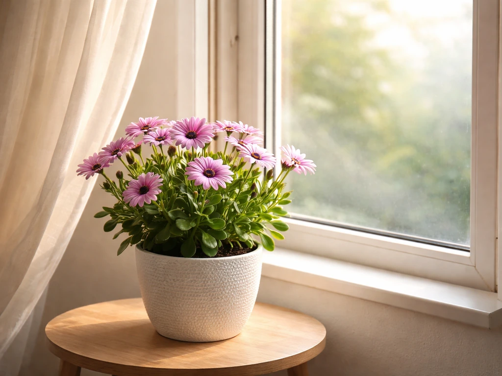 Potted African daisy near an open window air draft with minimal, bright indoor background.