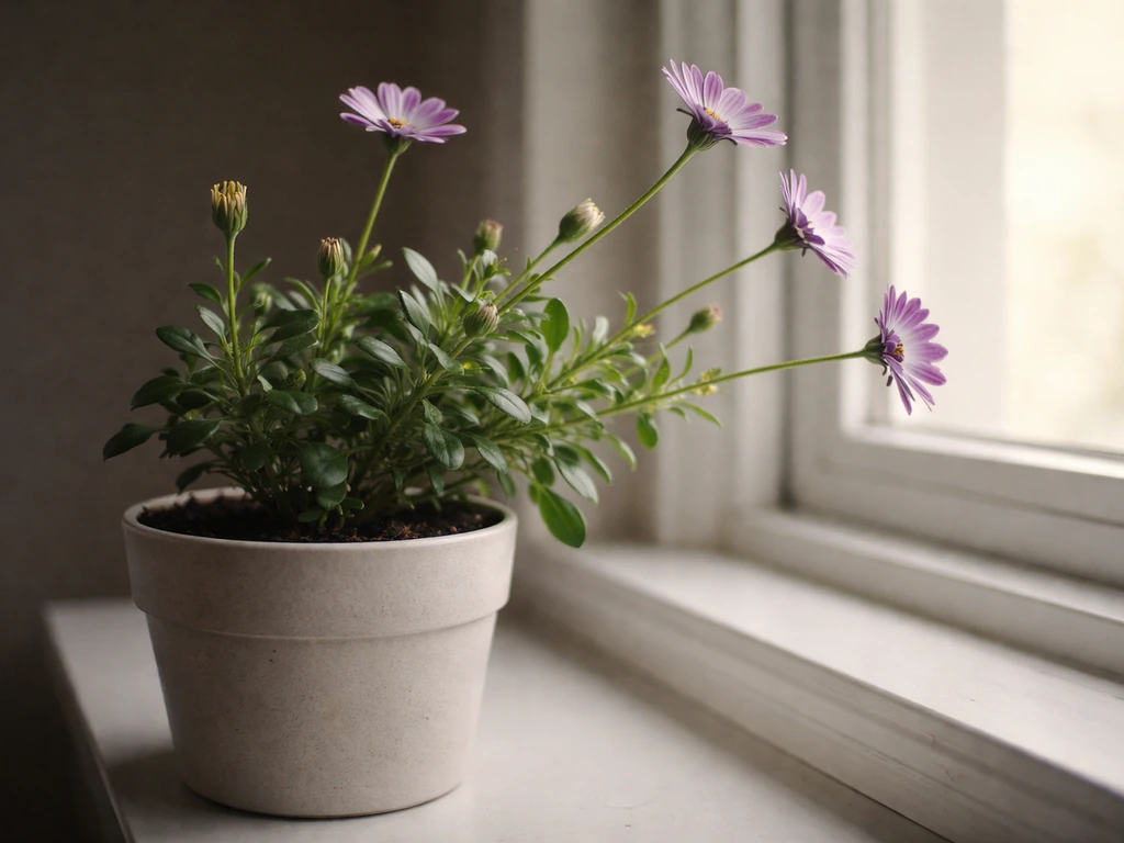 African daisy plant with leggy stems leaning toward a bright window in dim indoor light.