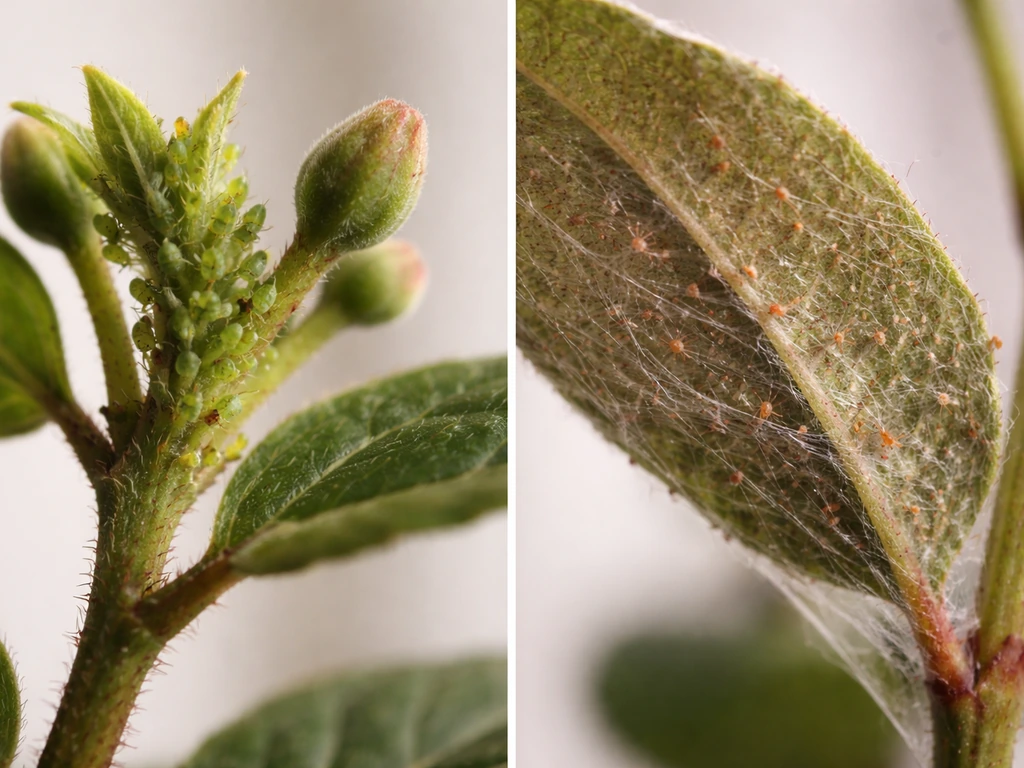 Macro view of aphids on new plant growth and tiny spider-mite webbing on a leaf underside.