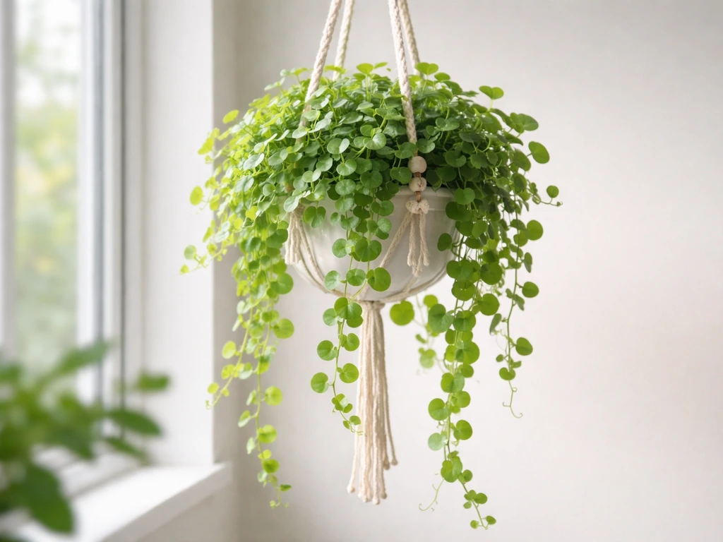Healthy creeping charlie trailing from a hanging pot in bright indoor window light.
