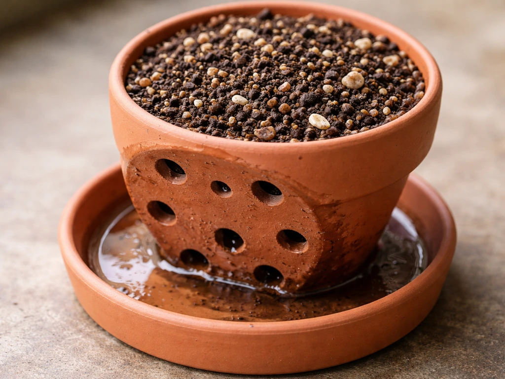 Close-up of a potted plant setup showing well-draining soil, drainage holes, and a saucer catching runoff.