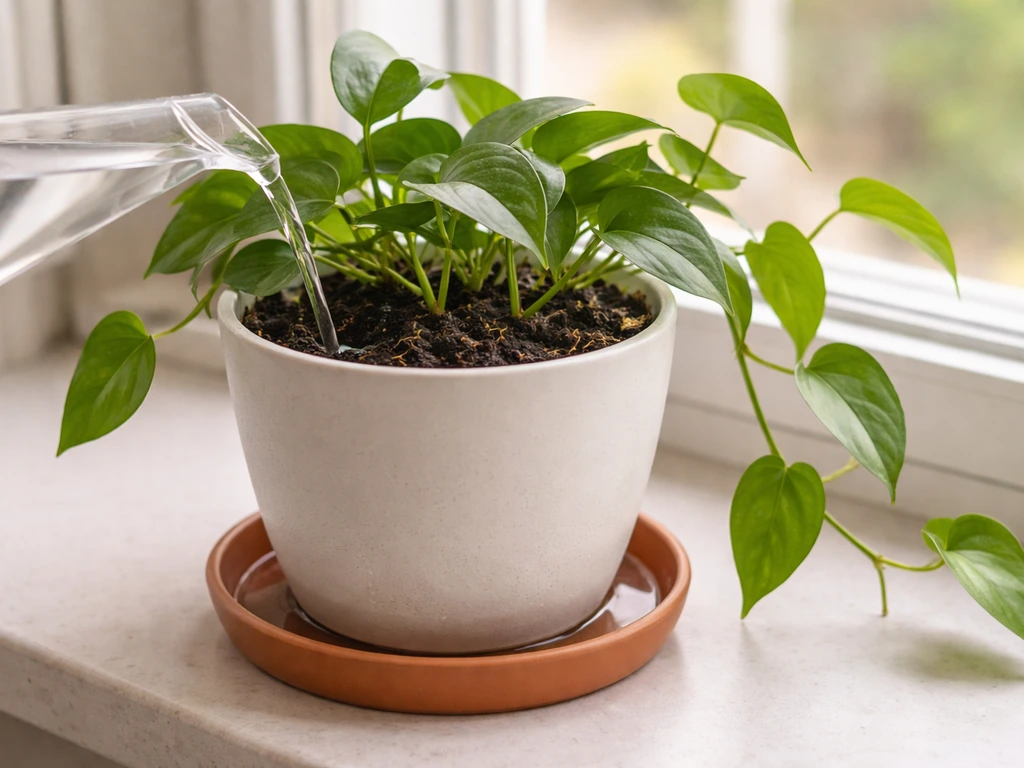 Indoor plant being watered until runoff appears in the saucer, showing proper drainage timing.