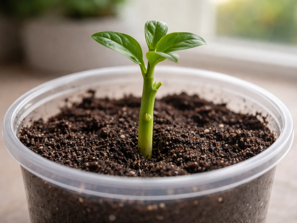 Close-up of trimmed stem tip cutting placed into moist rooting mix in a small pot for propagation.