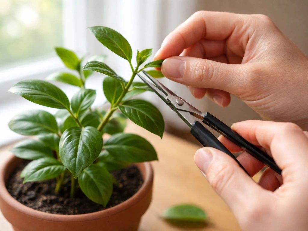 Hands use small scissors to trim stem tips on a potted indoor plant, encouraging compact growth.