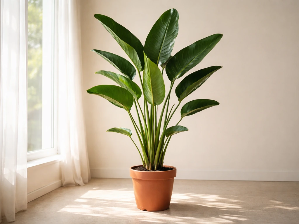 Thriving Strelitzia nicolai in a bright indoor room near a window, healthy upright foliage in natural light.