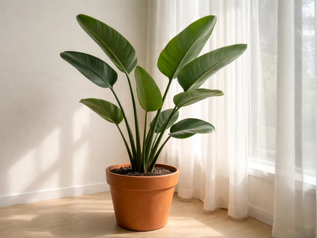 Strelitzia nicolai in a pot near a bright window, pot visibly rotated for even light exposure.