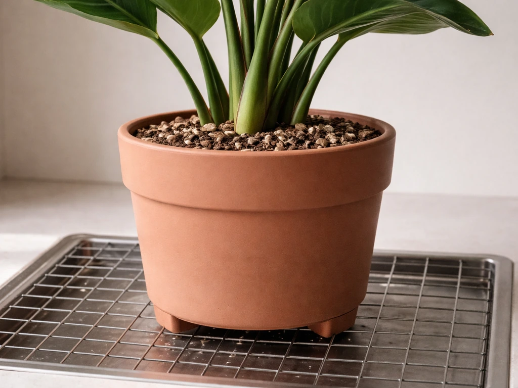 Indoor bird of paradise in an airy soil mix, pot with drainage holes lifted above pooled water.