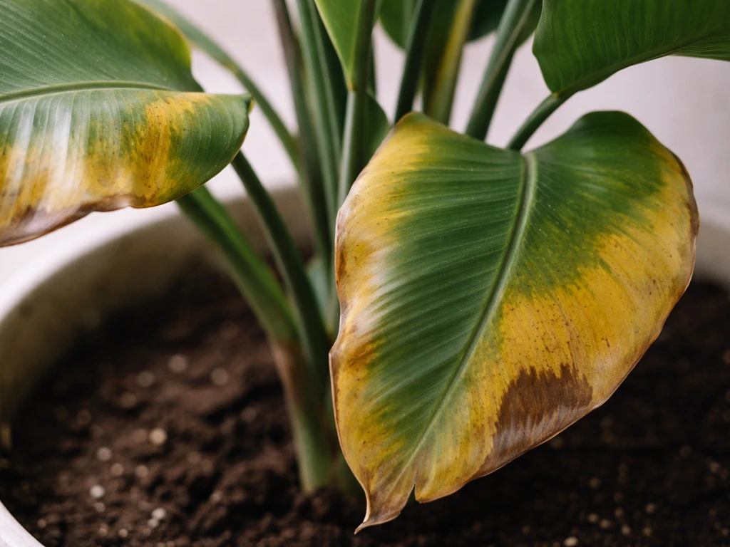 Close-up of Strelitzia nicolai leaves turning yellow, with blurred potting soil hinting at overwatering.