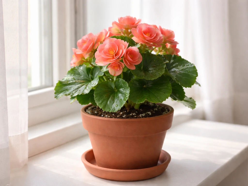 Close-up of a blooming Rieger begonia on a windowsill with bright indirect light indoors