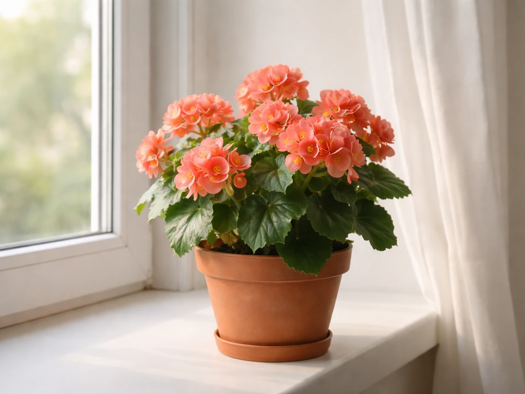 Rieger begonia in a bright window with soft filtered light through a sheer curtain