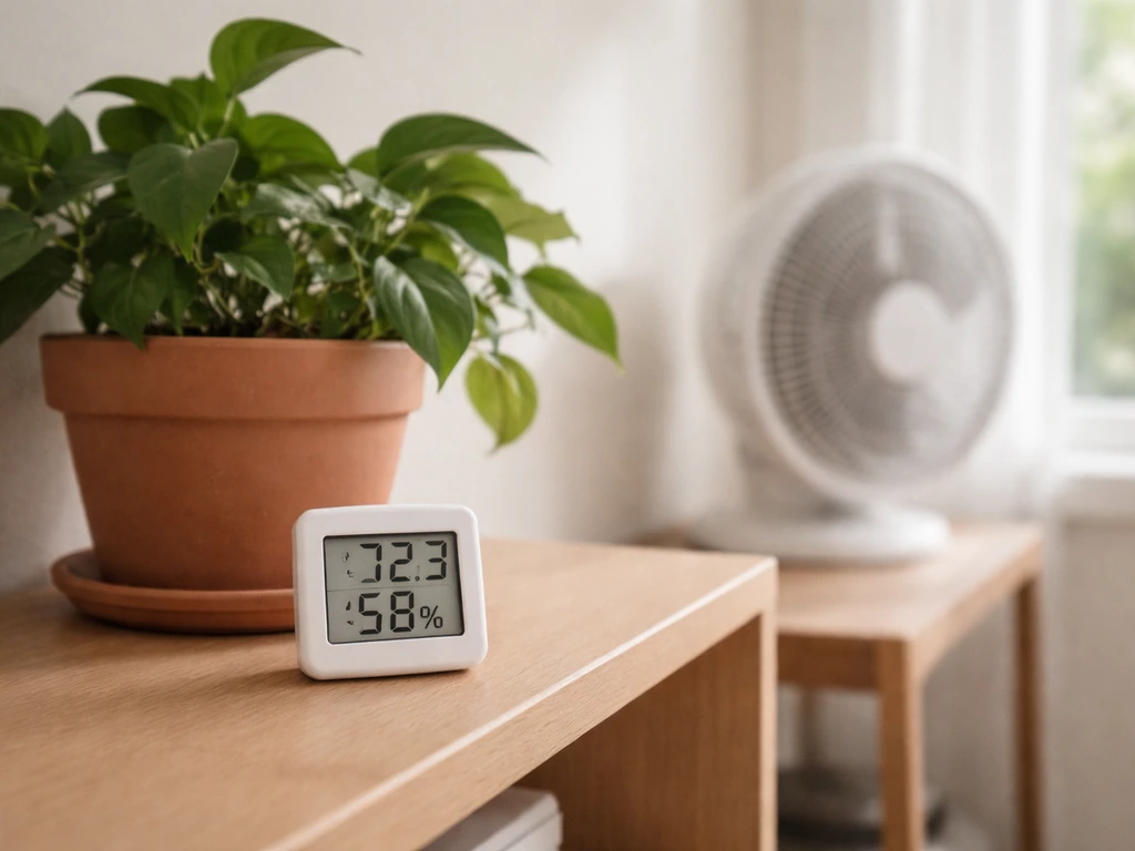 Living room shelf with a small hygrometer and a softly ventilated spot for humidity and airflow.