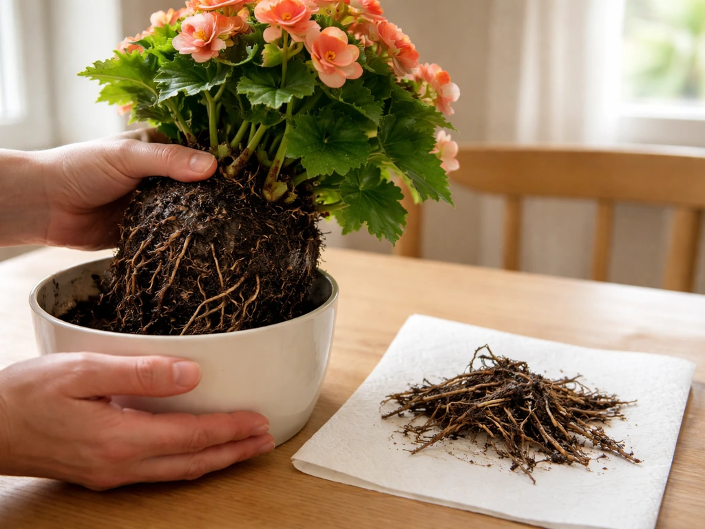 Indoor Rieger begonia in a pot with damp soil; gardener removes mushy roots and air-dries them before replanting.