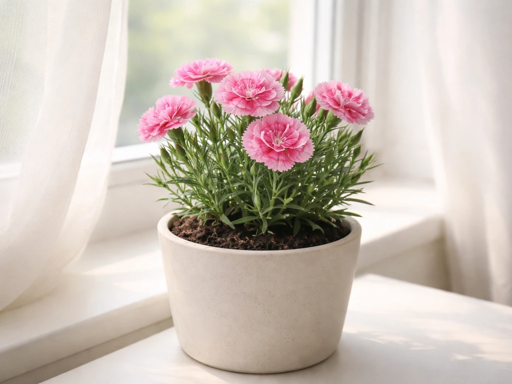 Healthy pink dianthus in a pot on a bright windowsill with visible blooms and strong indoor light.