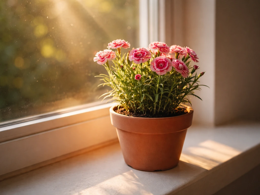 Dianthus near a south-facing window, sunlight streaming for at least 6 hours.