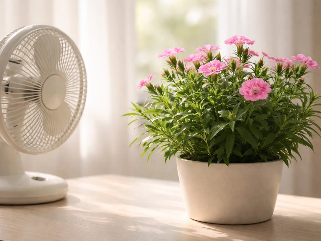 Indoor dianthus plant with a small fan angled to circulate air gently around the foliage.