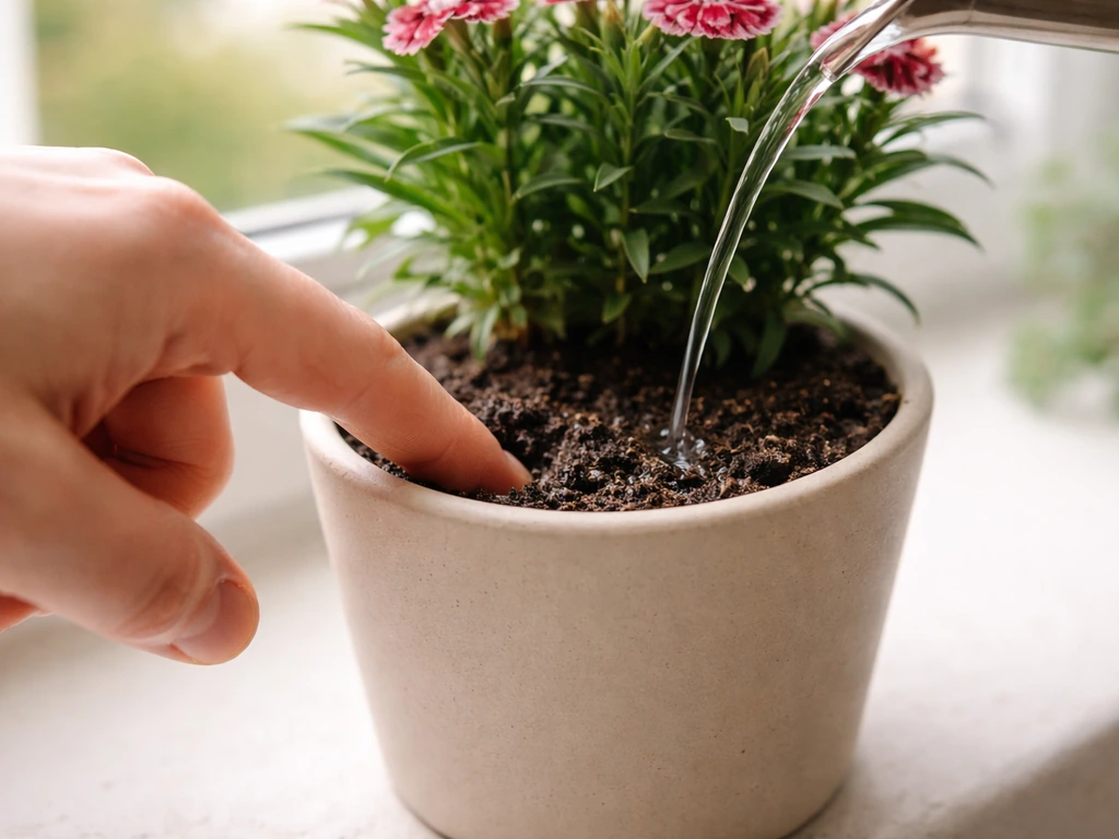 Hand checks top soil dryness in a small pot, then gently waters dianthus soil