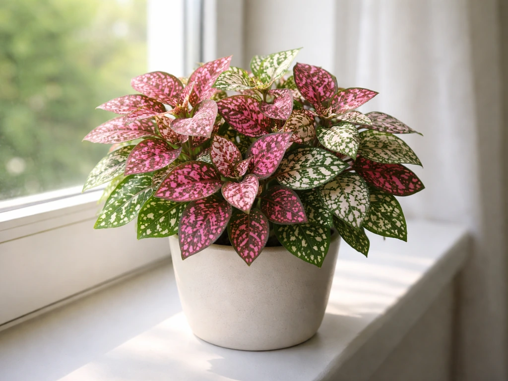 Colorful hypoestes (polka dot plant) thriving indoors near a bright window with vivid leaf spots.