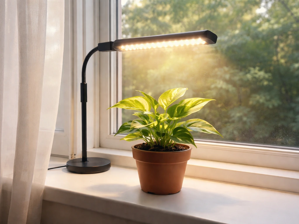 Potted plant on an east/west windowsill with gentle window light and a small grow light above.