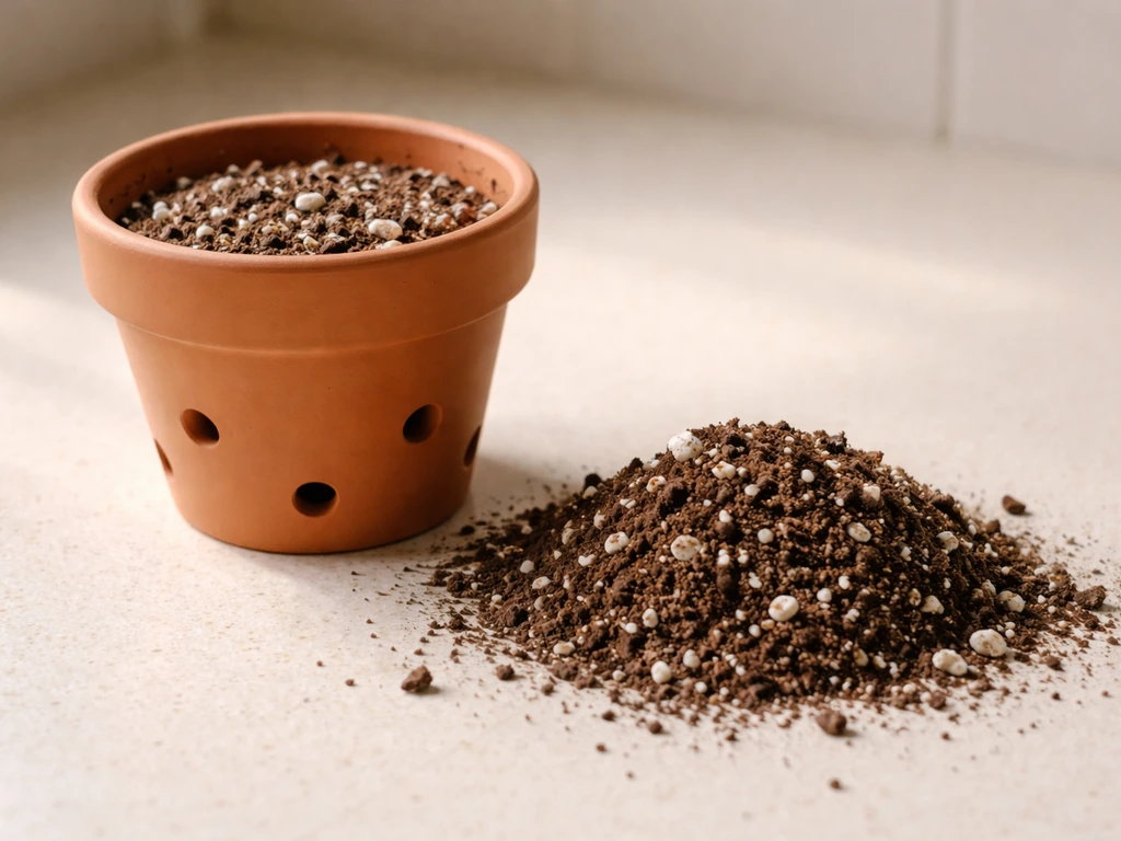 Close-up of a terracotta pot with drainage holes and well-draining potting mix with perlite flecks.