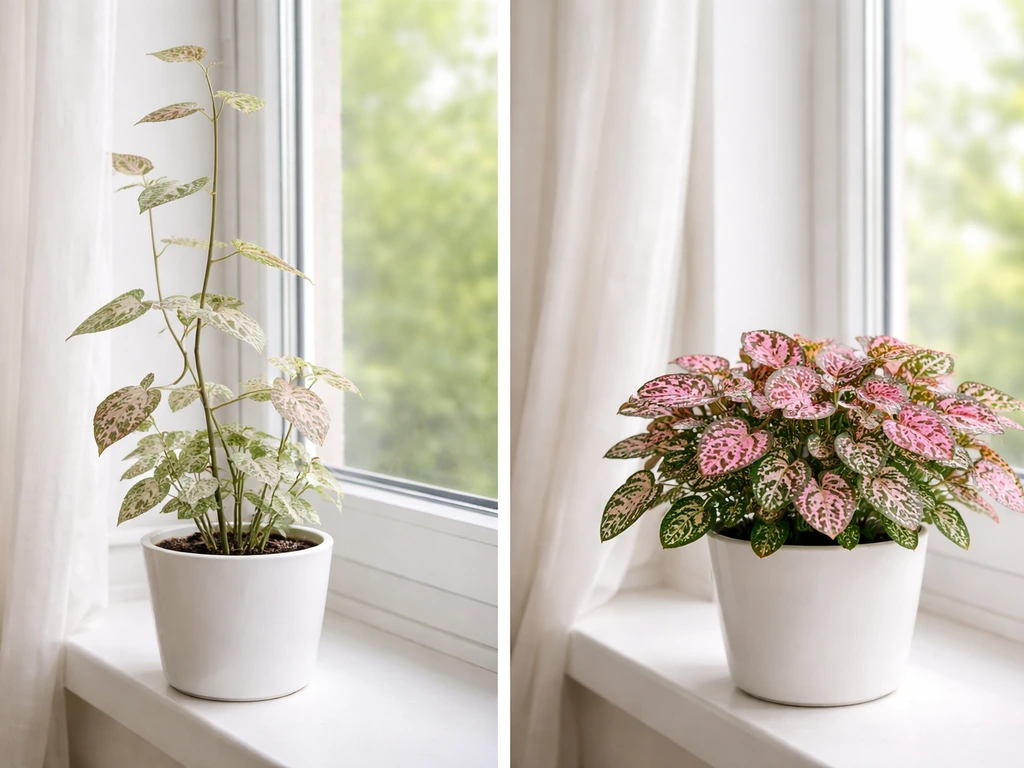 Split before/after of leggy Hypoestes reaching for light vs fuller, tighter growth in brighter light