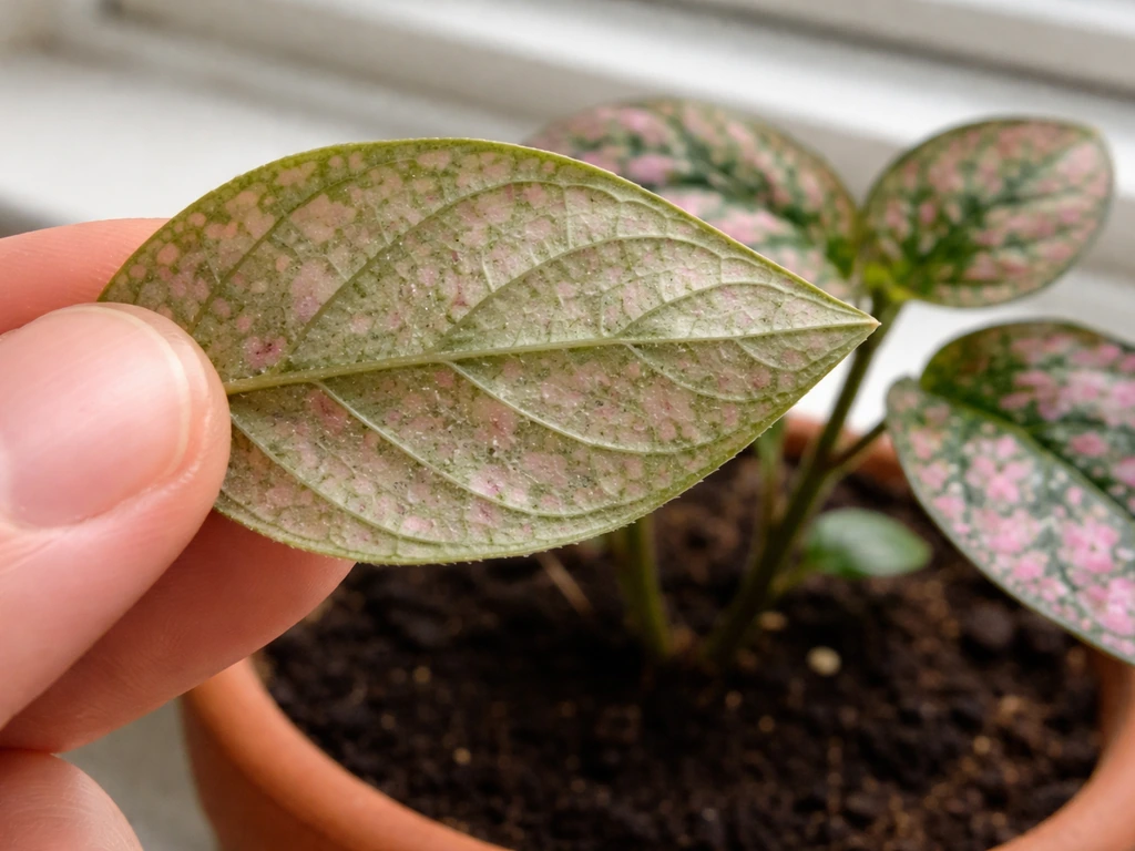 Close-up of Hypoestes leaves with subtle webbing and tiny insect specks on the underside, inspecting indoors.
