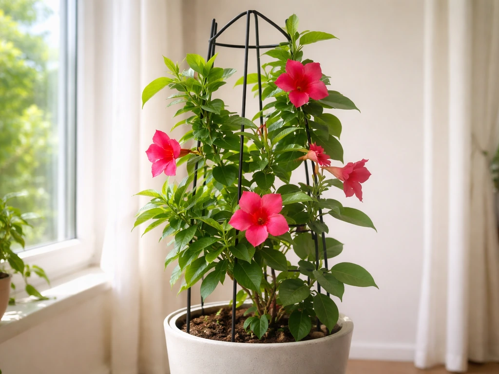Indoor mandevilla climbing a trellis in a bright room, with vivid blossoms in a pot.