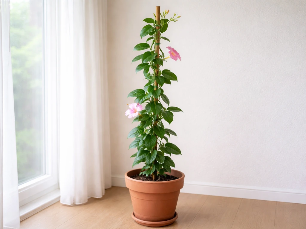 Mandevilla vine thriving indoors in a pot with lush green leaves and a few pink blooms.