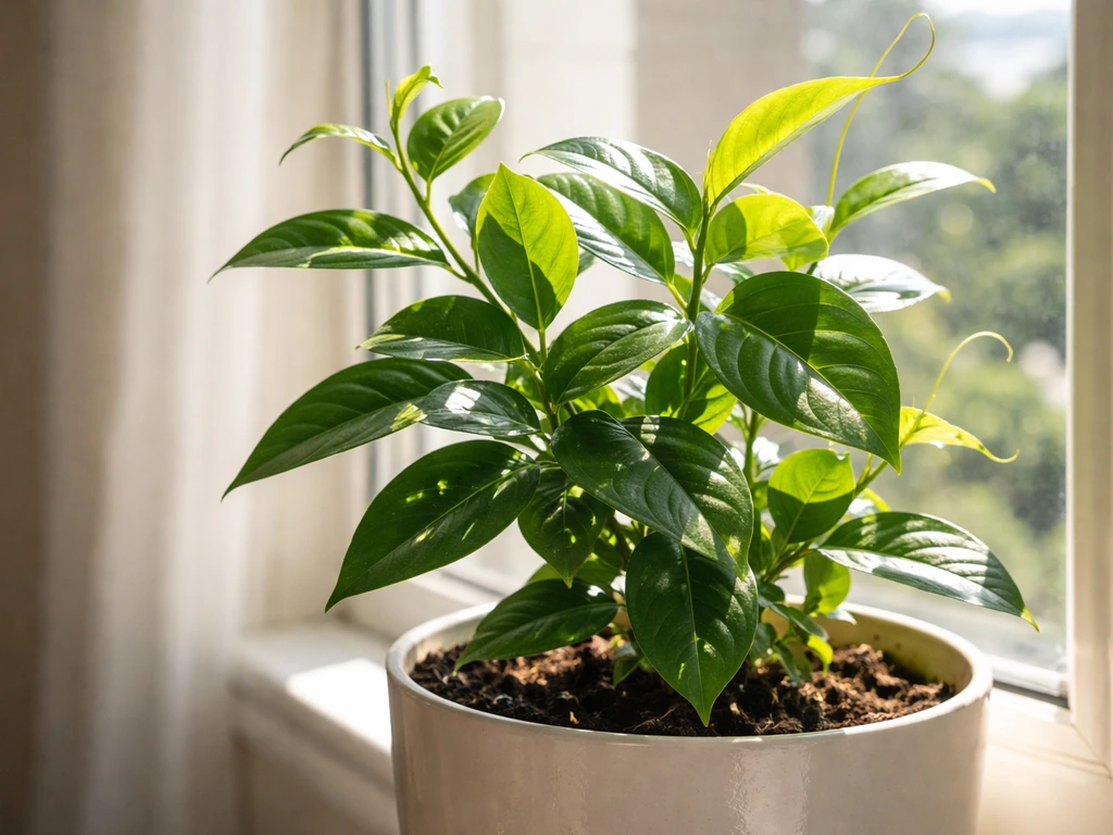 Mandevilla leaves angled toward bright sun near a south-facing window, showing direct light