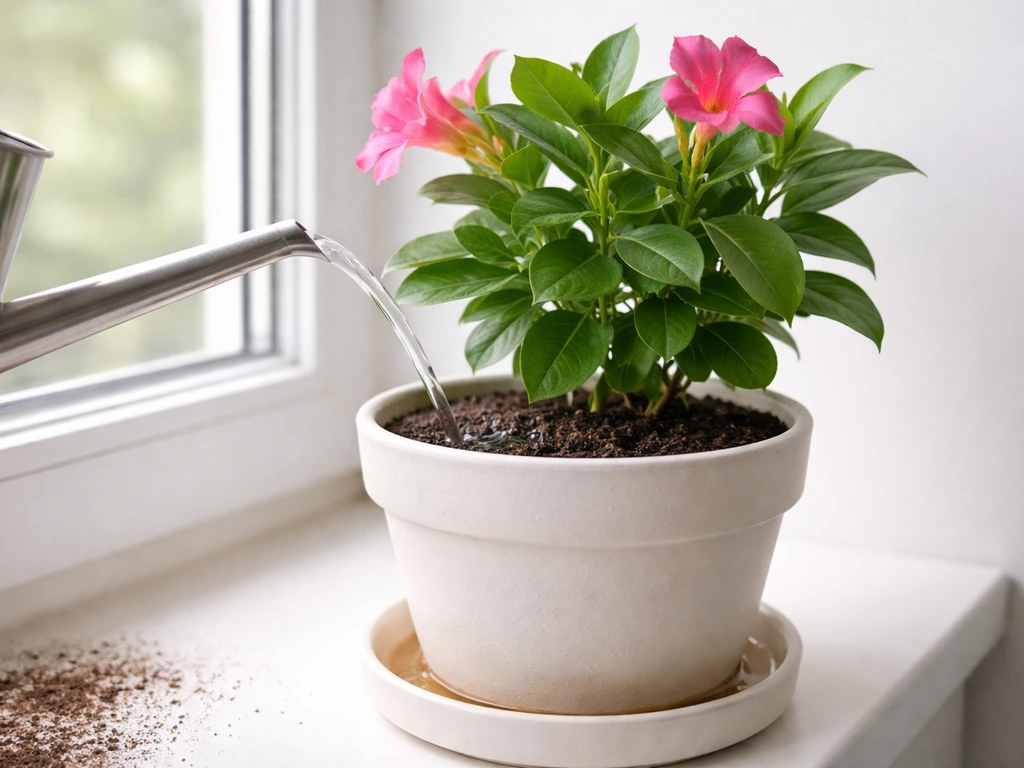Indoor mandevilla in a pot being thoroughly watered until water drains from the tray.