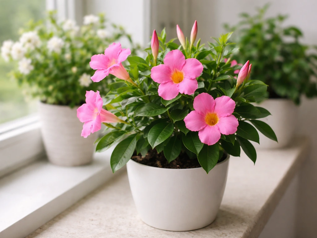 Sunlit indoor flowering mandevilla on a windowsill with a simple blurred flower background