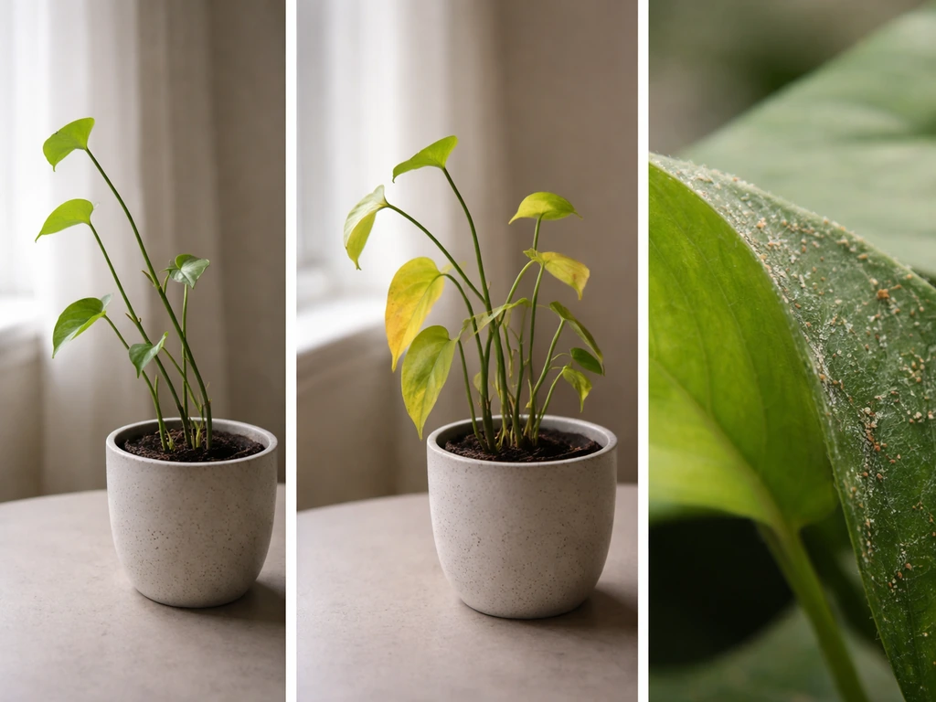 Three minimal plant photos: leggy stretch, yellow leaves, and close-up spider-mite webbing.