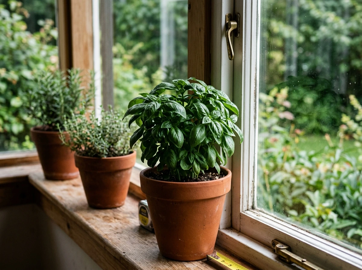 Herbs on a windowsill placed close to the glass for stronger light