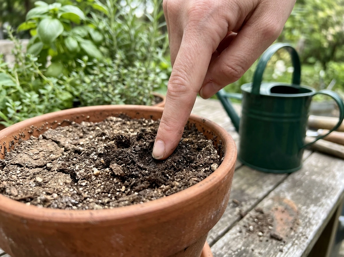 Finger soil moisture check before watering low-light herbs