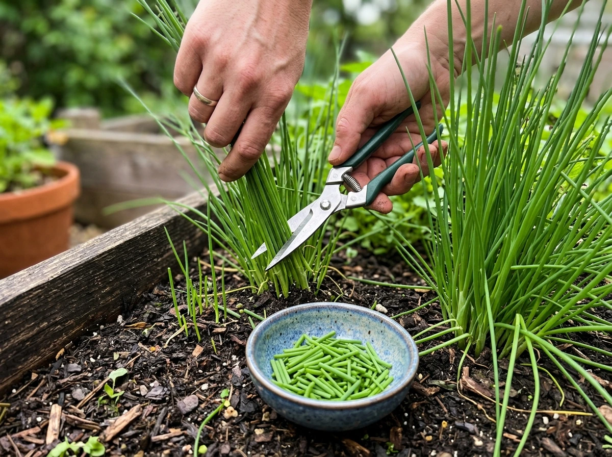 Cut-and-come-again harvesting of chives from the base