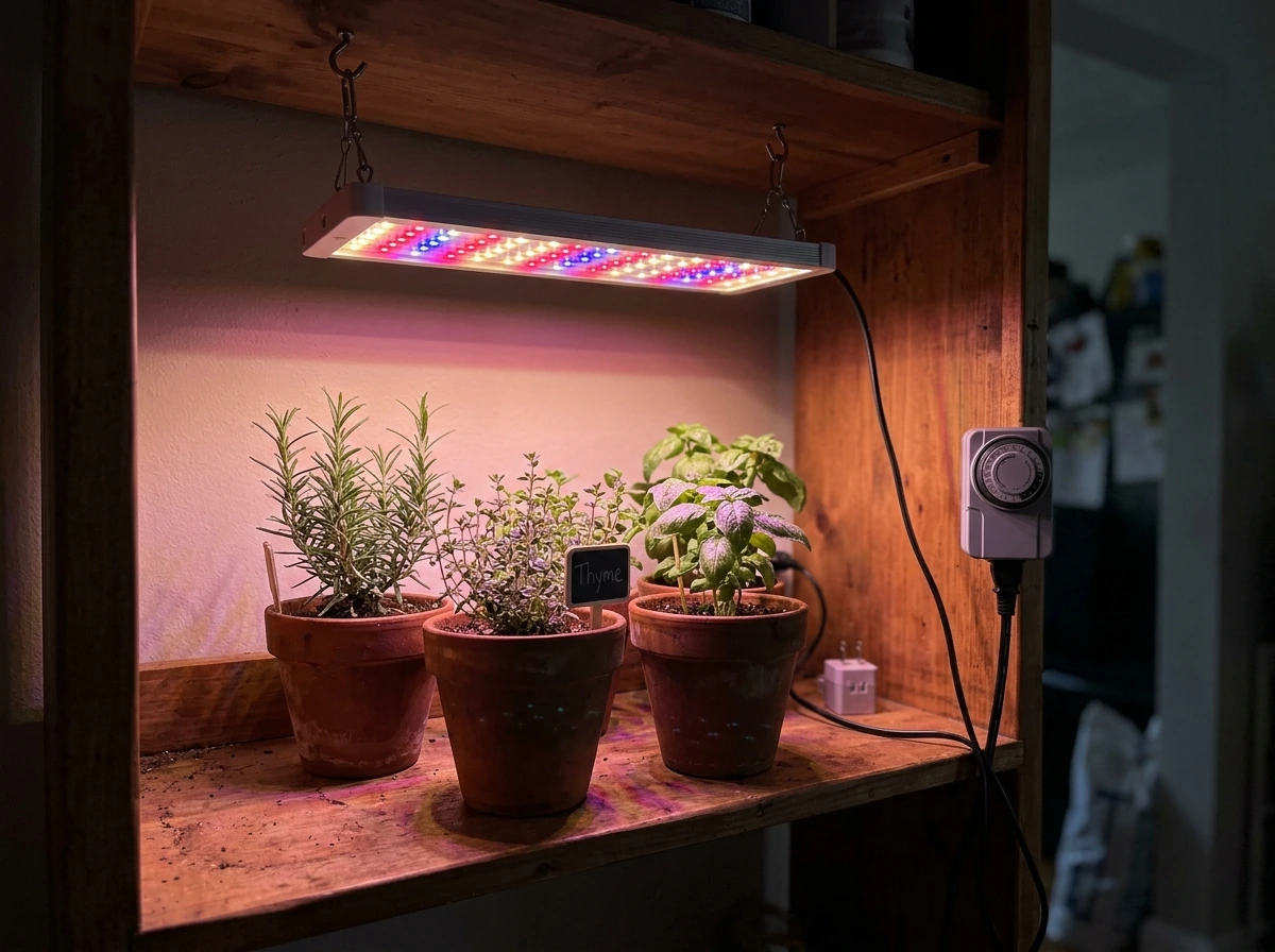LED grow light over herbs when natural light is insufficient
