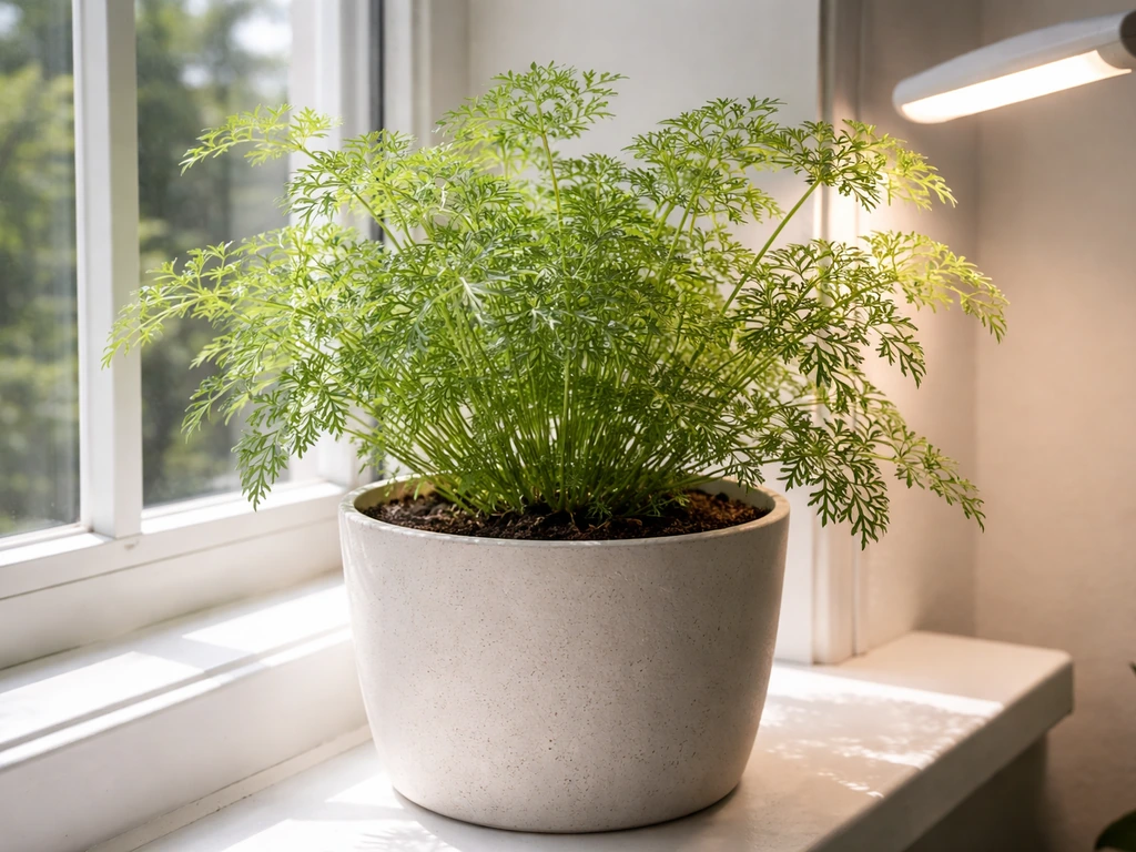 Feathery Queen Anne’s lace in a deep pot by a bright window, lit like an indoor setup.
