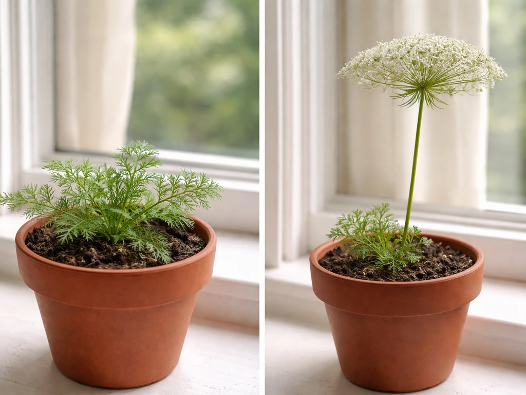 Side-by-side photos: indoor year-one feathery rosette vs later lace-like Queen Anne’s lace umbel on a windowsill.
