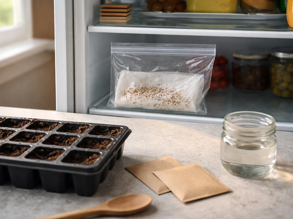 Sealed bag of Queen Anne’s lace seeds in a fridge next to a small seed-starting tray and labeled seed envelopes