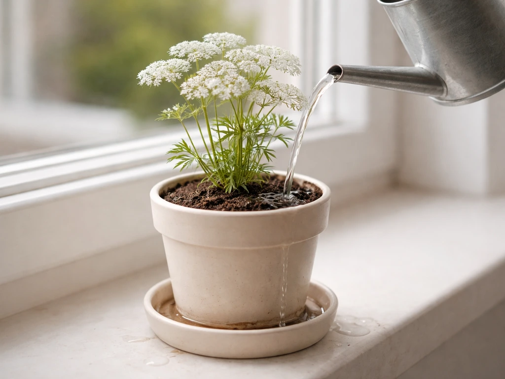 Watering a small potted lacy plant on a windowsill until water drains from the bottom, top soil slightly dry.