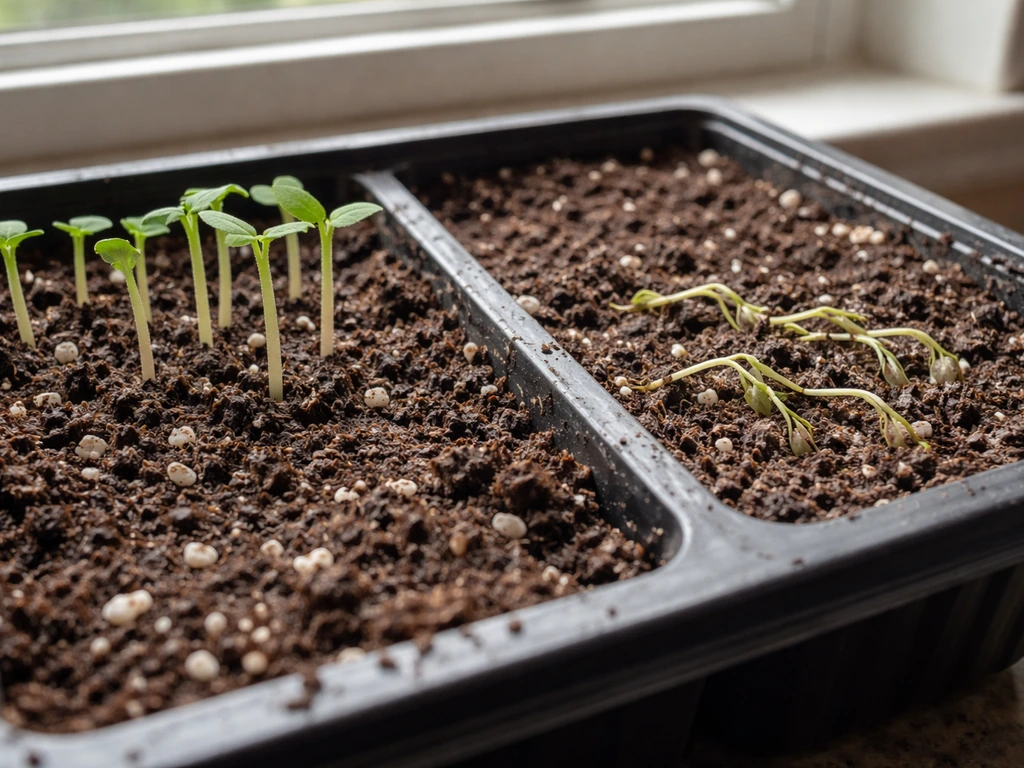 Close-up of soil with healthy seedlings and a few collapsed seedlings near the soil line in natural light