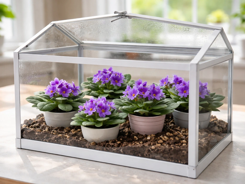 Healthy African violets in small pots inside a bright open terrarium with glass walls and natural light.