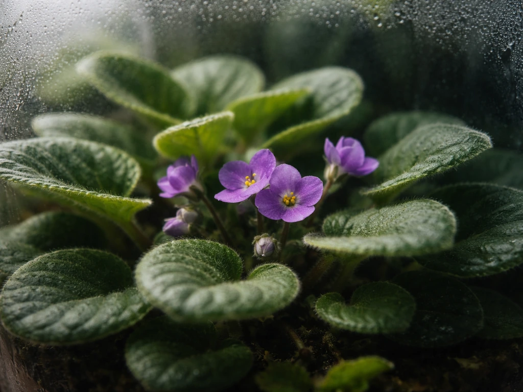 Close-up of African violet leaves and violet blooms inside a clear, humid terrarium with soft condensation.