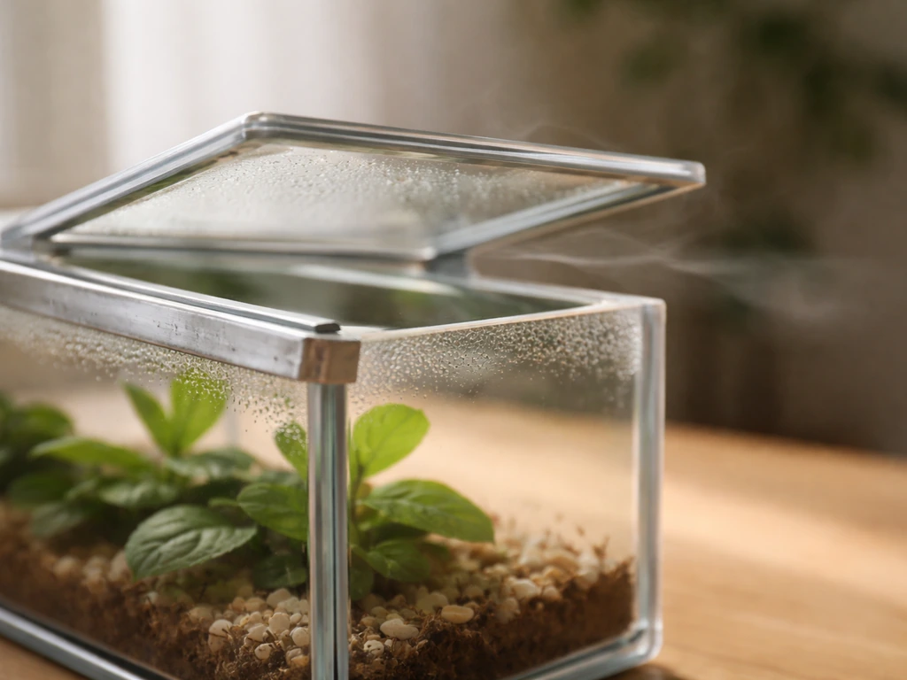 Glass terrarium lid propped open with a visible vent gap letting air flow and reducing condensation.