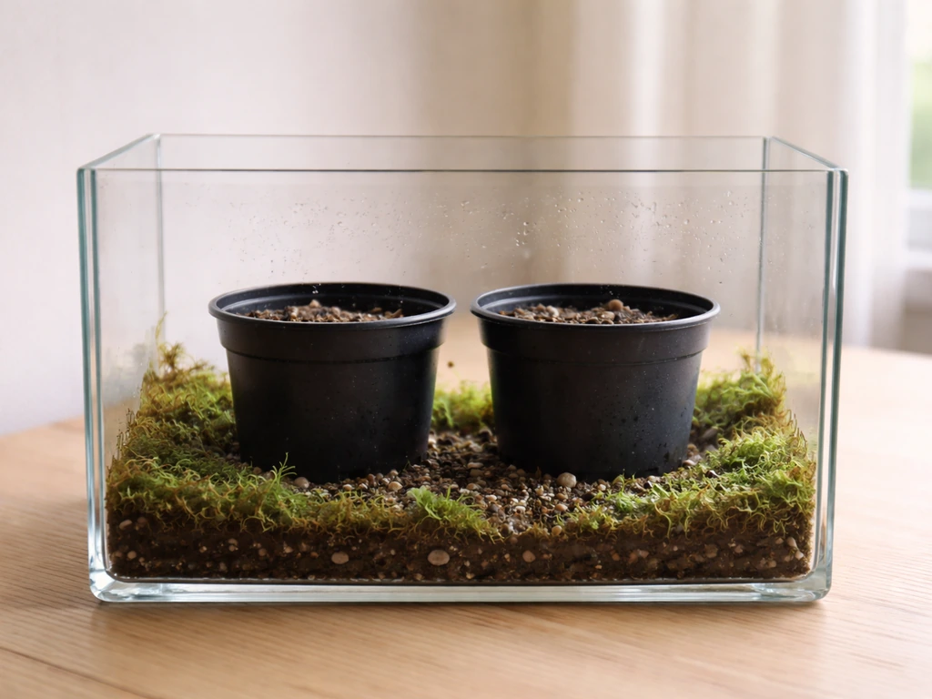 Small terrarium nursery pots with drainage holes nested inside a clear terrarium, showing proper setup.