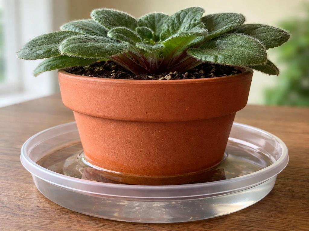 African violet in a pot being bottom-watered from a tray, with leaves kept dry to prevent rot.