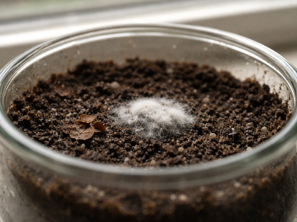Close-up of a terrarium soil surface with a small patch of white-gray mold and tiny leaf debris