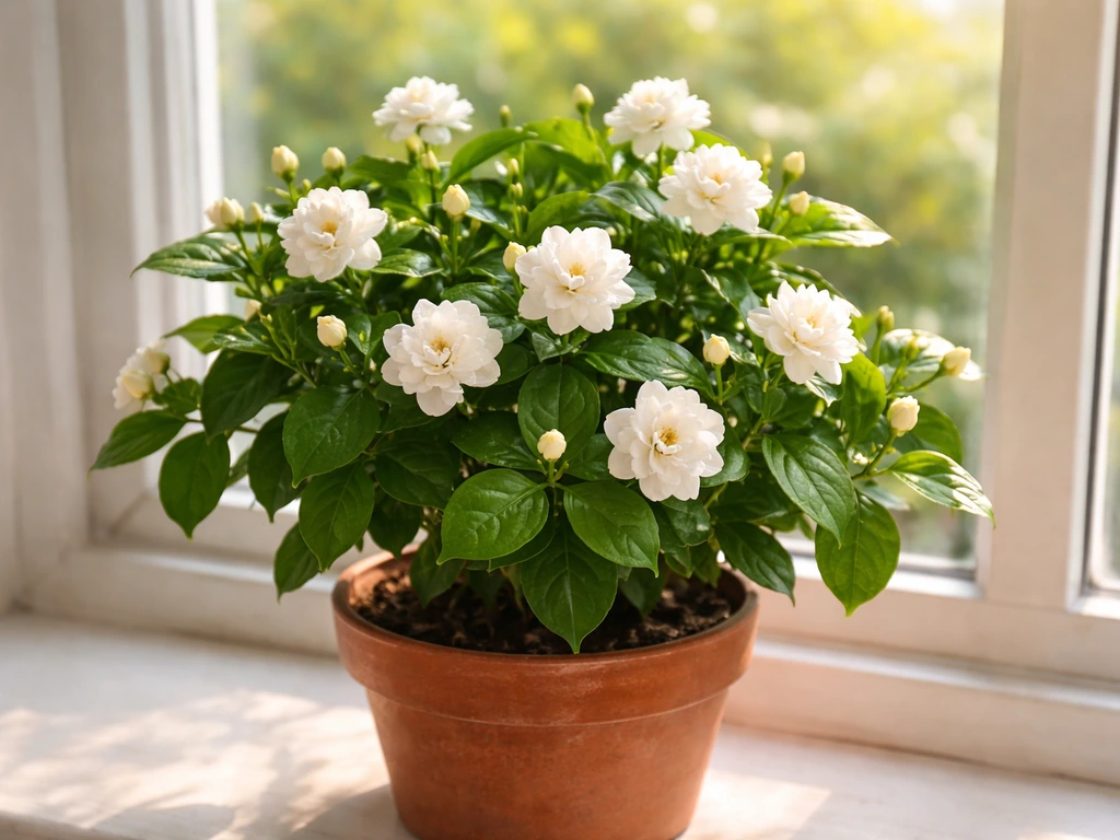 Indoor mogra plant with small white blossoms on a bright windowsill, dark green leaves in natural light.