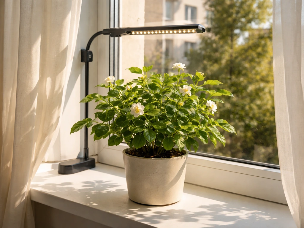 Indoor mogra on a bright south/west windowsill with strong direct sunlight and a small grow light option.