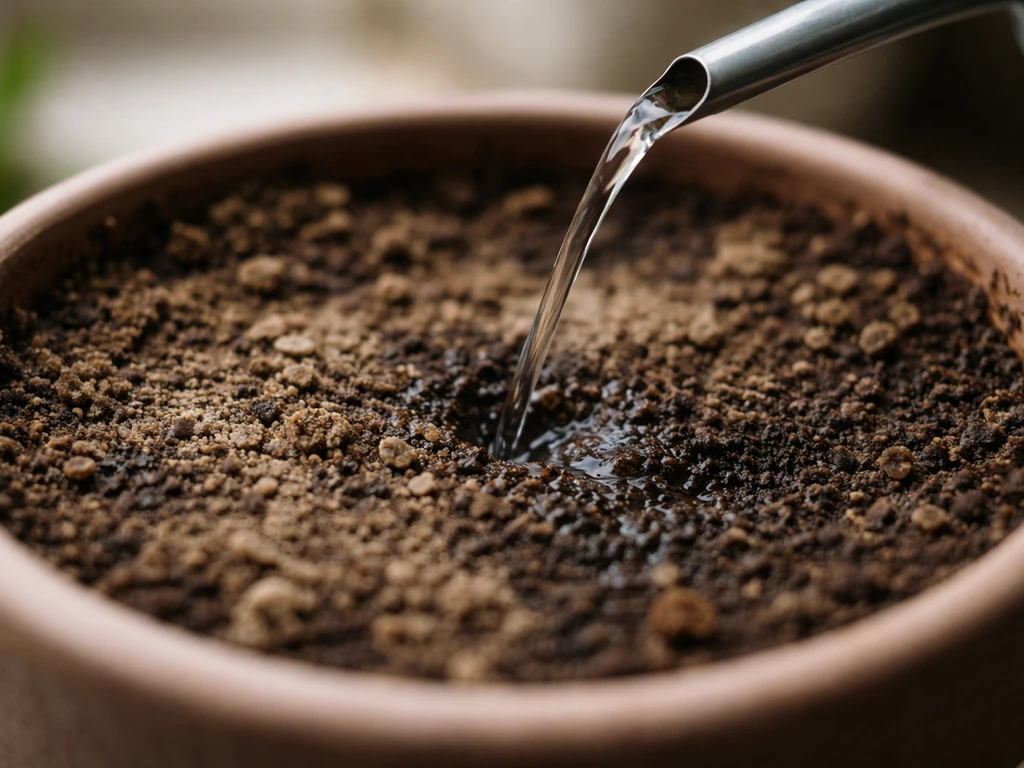 Close-up of mogra pot soil with the top layer drying, and a watering can pouring water carefully into the plant.