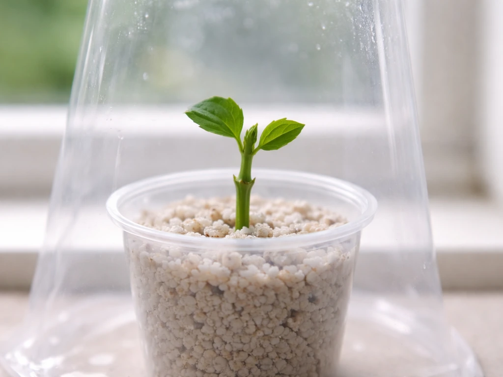 A mogra semi-hardwood cutting with nodes placed in perlite under a transparent humidity cover.